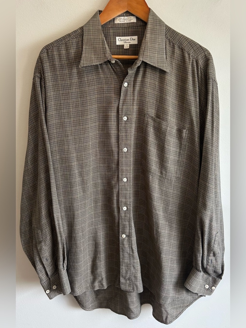 Vintage Christian Dior Chemise Mens 17 33/35 Dress Shirt Micro Plaid Houndstooth